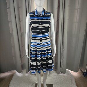 Calvin Klein Center Front Button Striped Shirt Narrow Pleated Skirt Dress Size 6